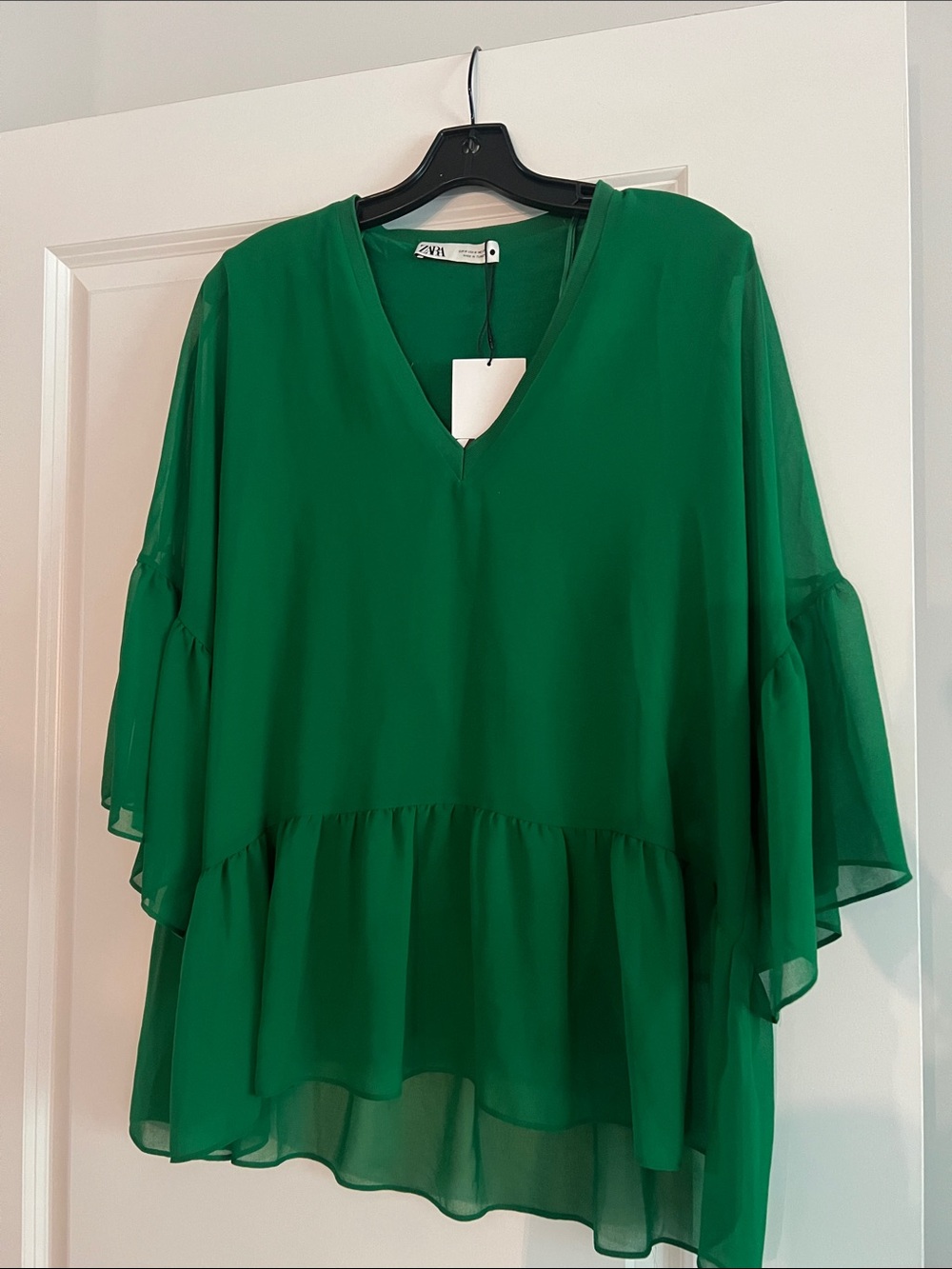 Zara Emerald Green V-Neck Ruffle Hem Blouse
